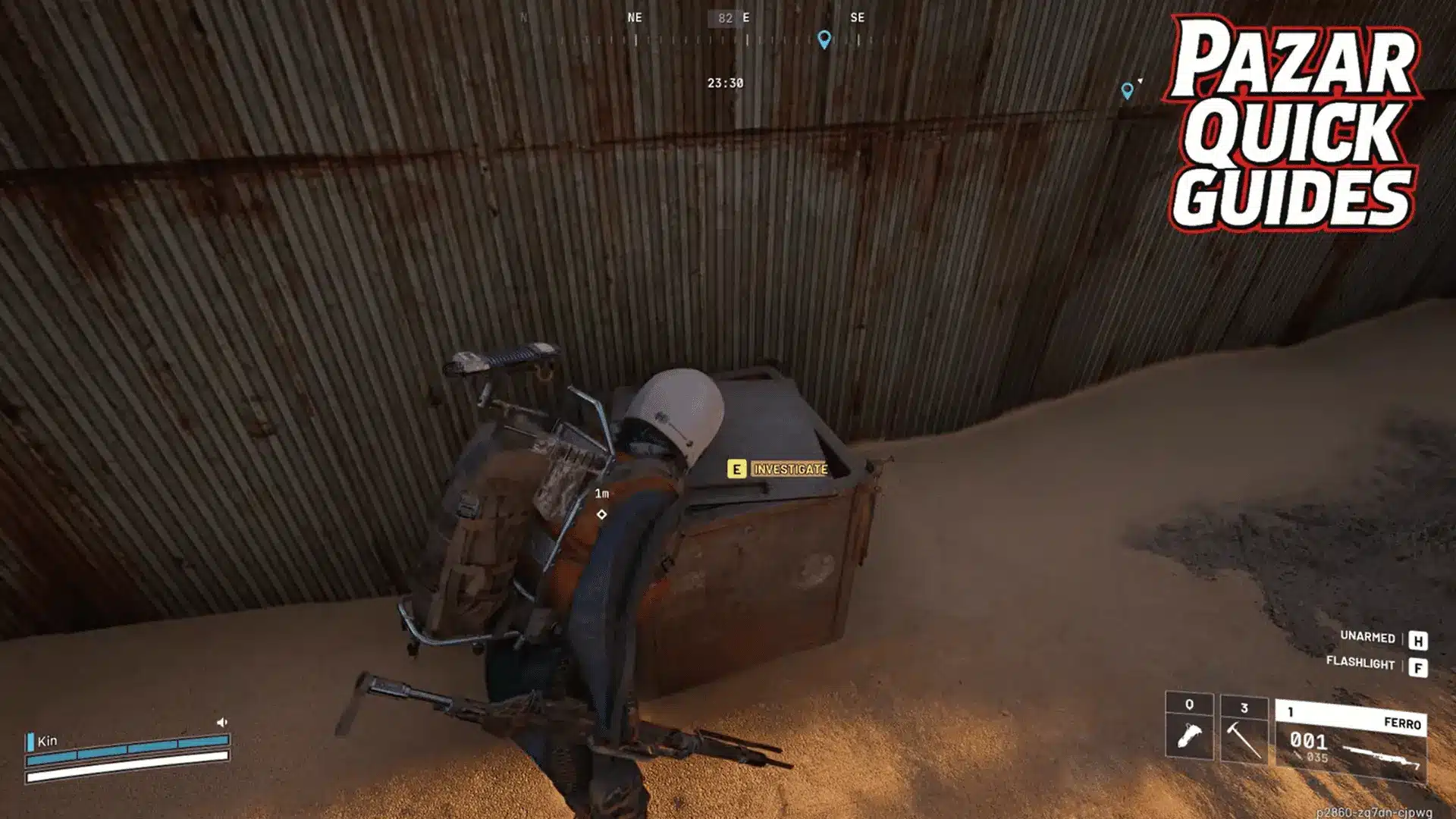 Arc Raiders player using the investigate prompt on Tian Wen&rsquo;s cache behind Su Durante Warehouses.