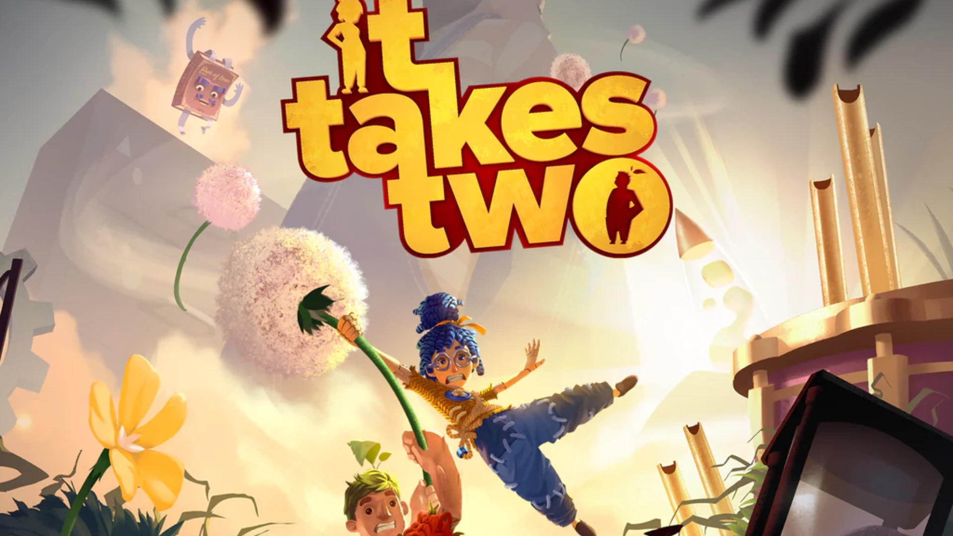It takes two characters swinging through a colorful fantasy world beneath the game logo
