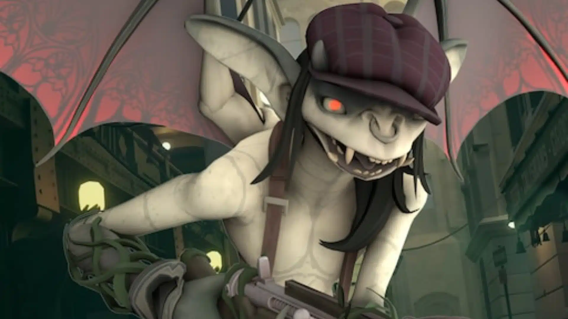 Winged creature with glowing red eyes aiming a crossbow in a dim urban setting