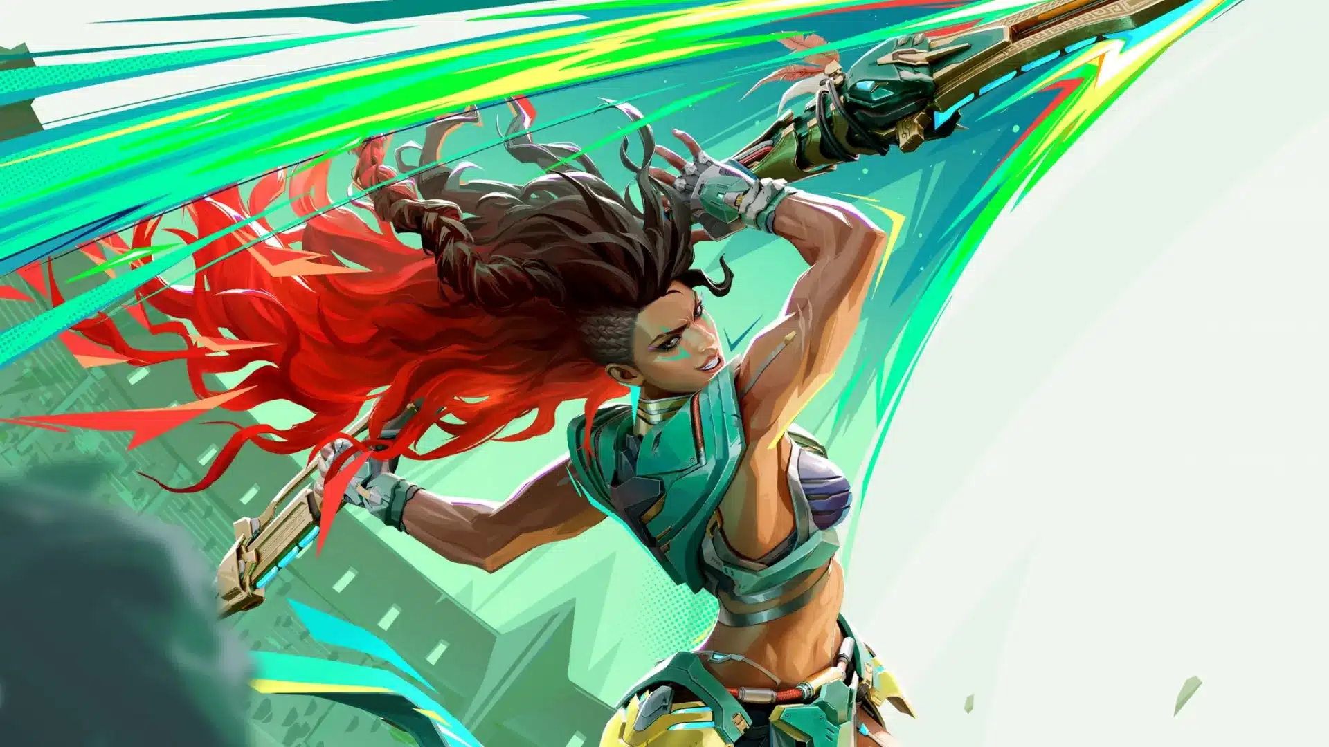 Ixchel lancer wielding dual weapons amid green and teal energy effects