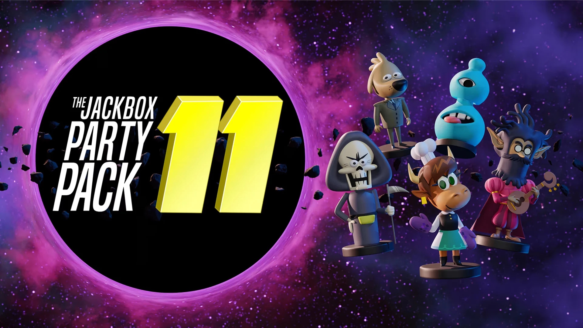 Jackbox party pack 11 artwork with colorful game characters against a purple space scene
