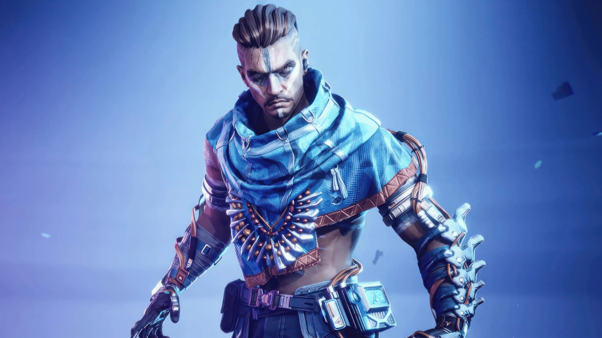 Jaguar character from FragPunk wearing a blue scarf, arm guards, and a spiked gauntlet against a blue background