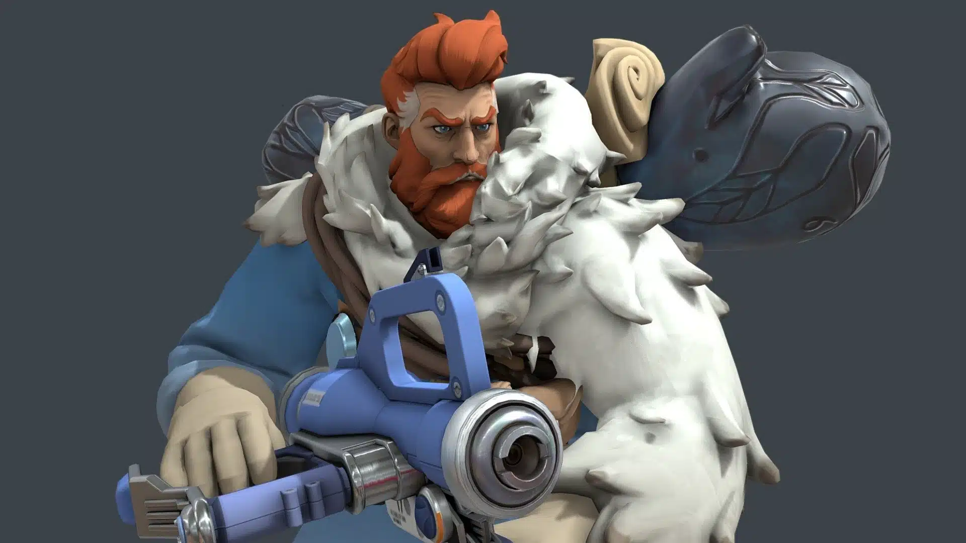 Red-bearded fighter in fur armor holding a large blue weapon against a dark backdrop