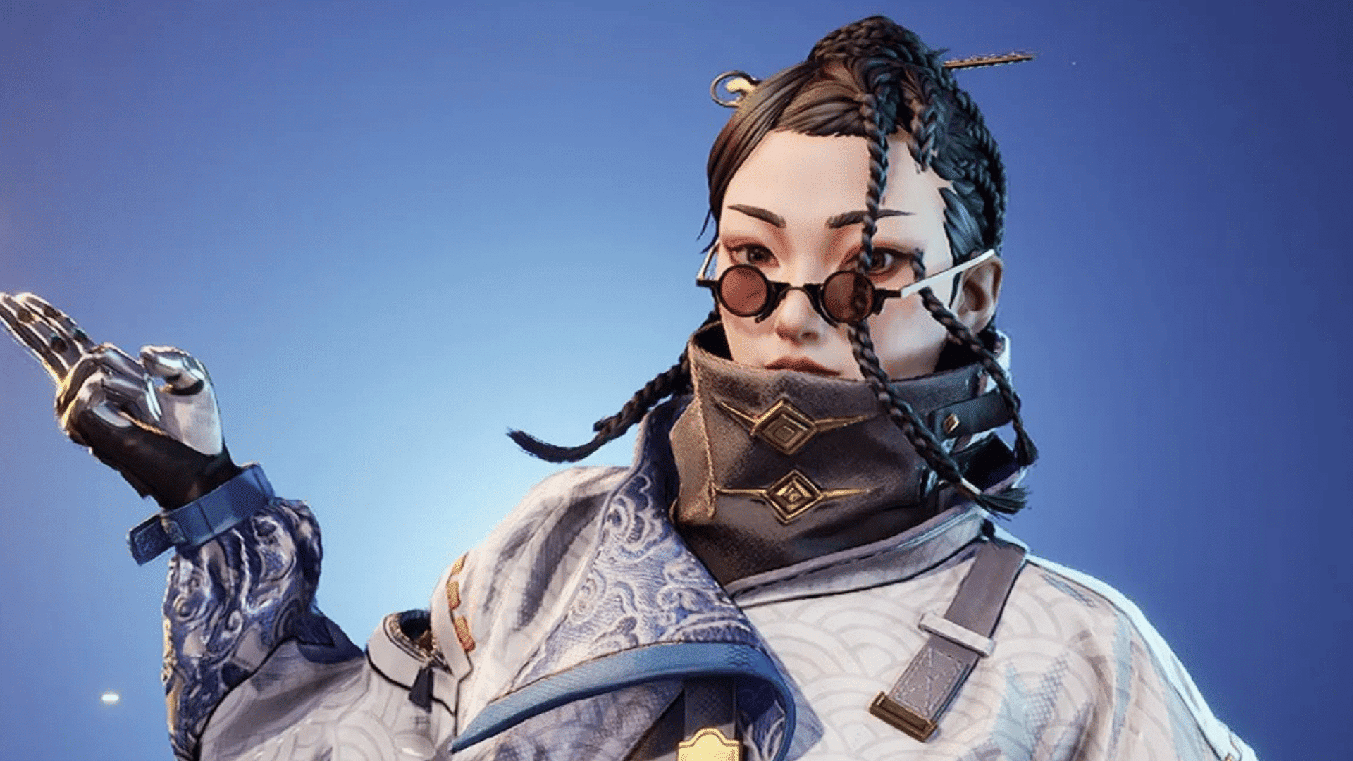 Kismet character from FragPunk wearing round glasses, braided hair, a high collar, and a metallic glove