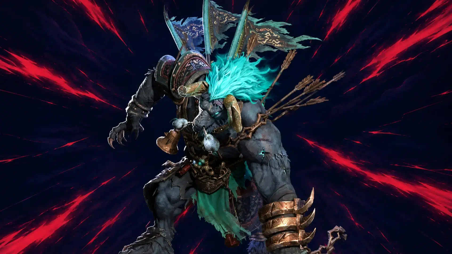 Knossos lancer with glowing teal hair against a dark red energy background