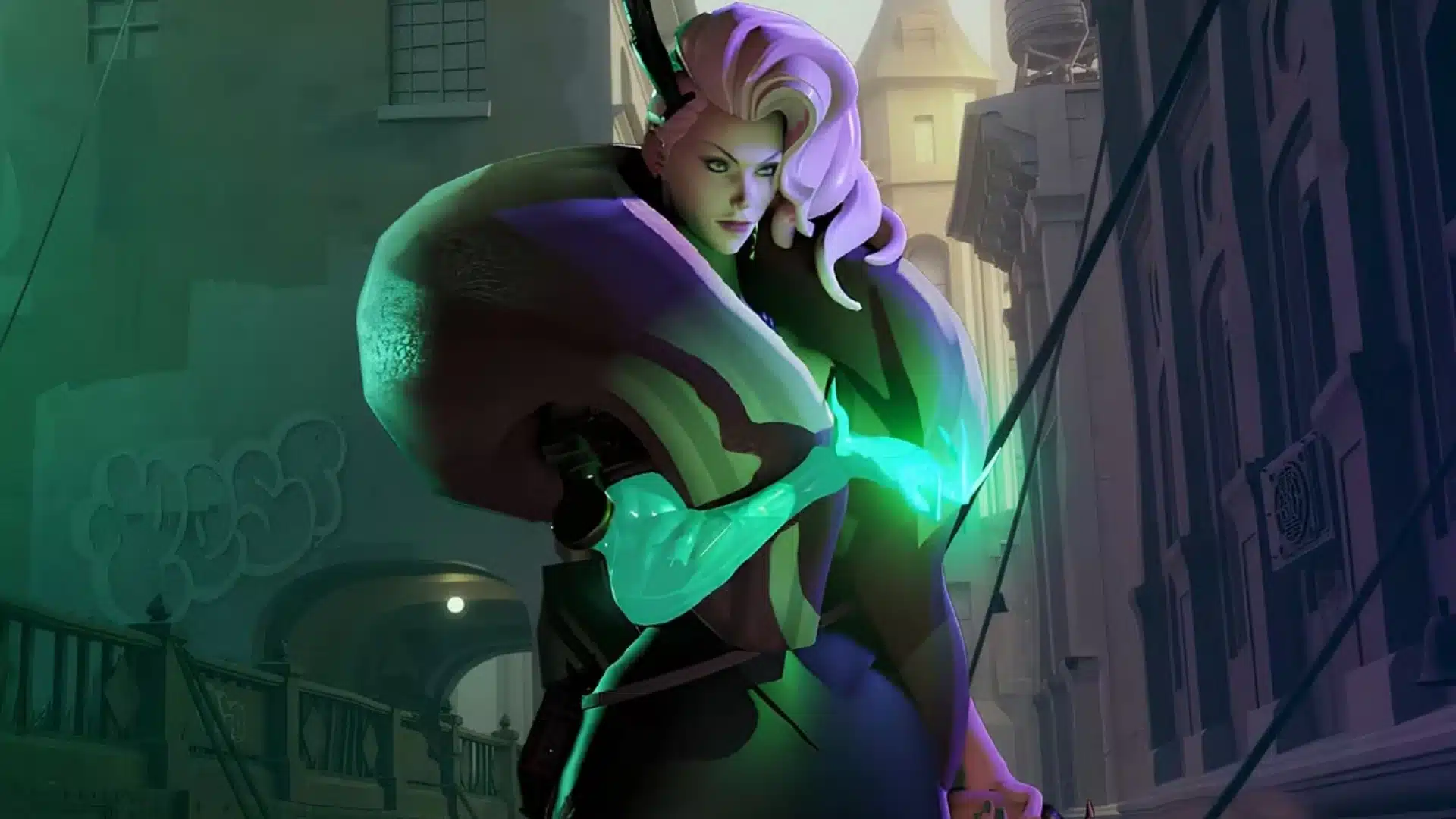 Purple-haired fighter with glowing green arm holding a pistol in a dark city street