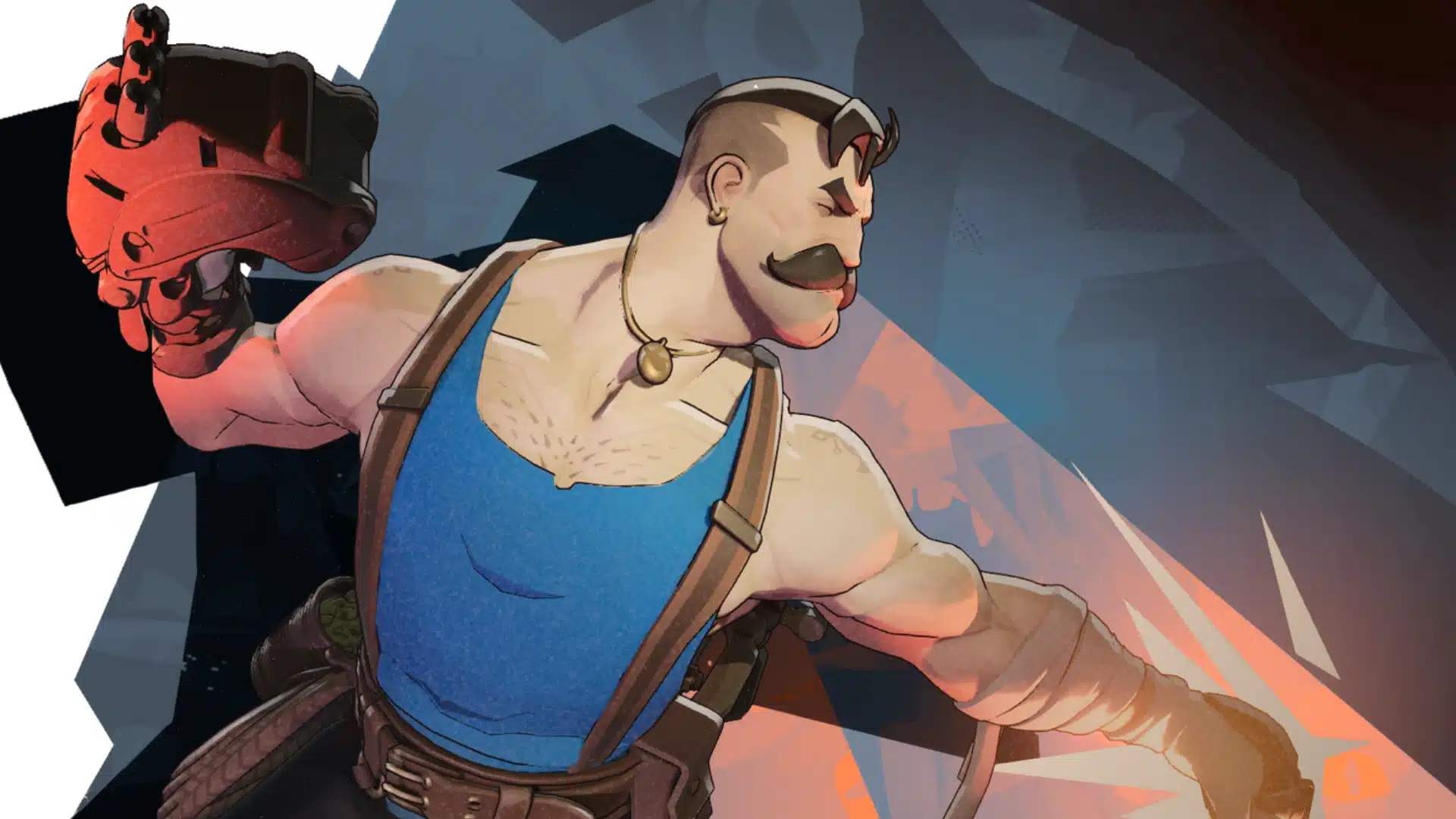 Mustached fighter in a blue tank top aiming a handgun against a dark abstract backdrop