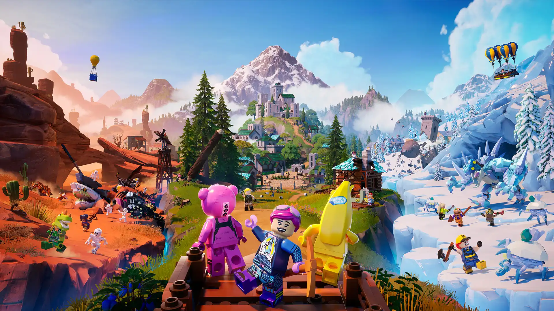 Lego fortnite characters exploring desert forest and snowy biomes with colorful builds