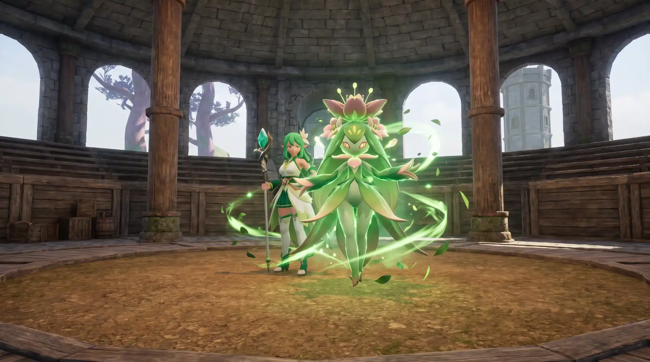 Lily and Grass-type Pal Lyleen standing together inside the Free Pal Alliance Tower arena.