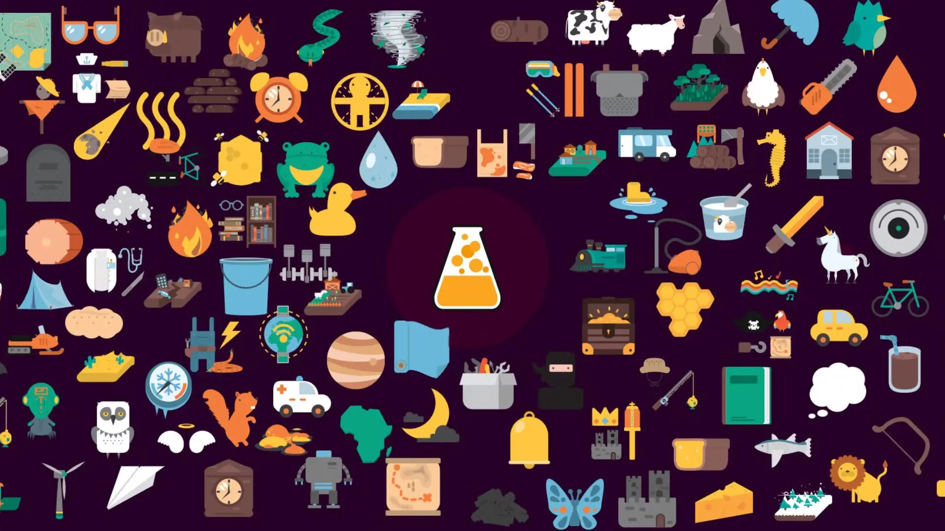 little alchemy two showing element combinations with creative items on dark game screen with experiments