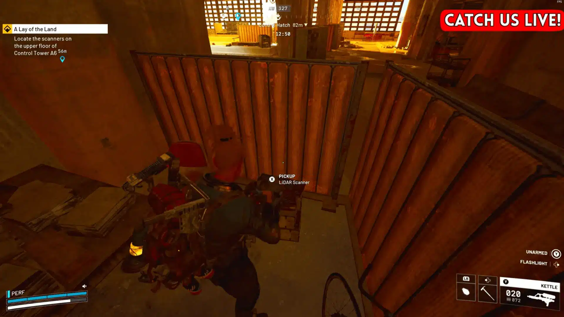Raider picking up the LiDAR scanner behind metal dividers on the upper floor of Control Tower A6.