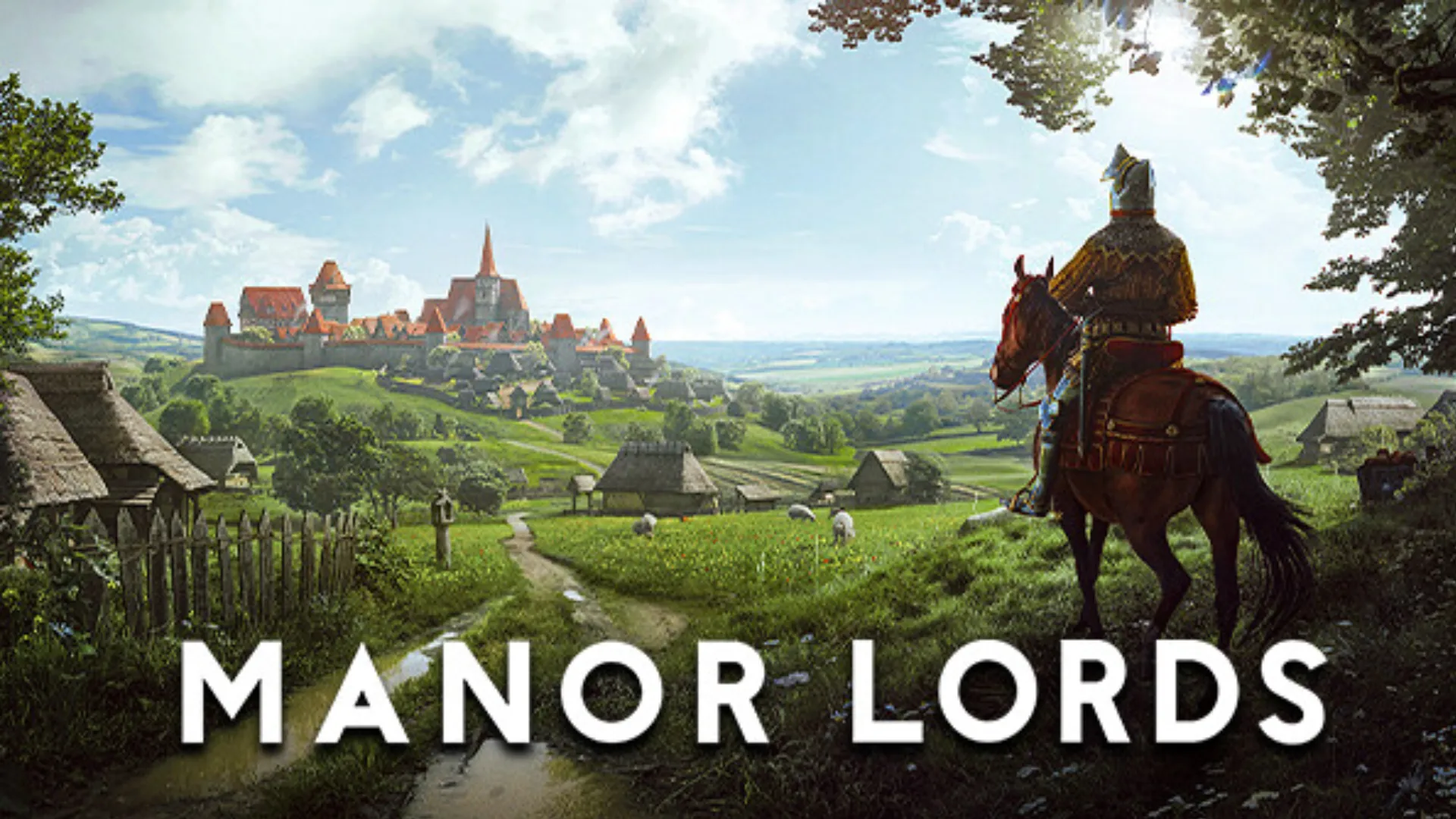 Manor lords rider overlooking a medieval village with farmland and a distant walled town