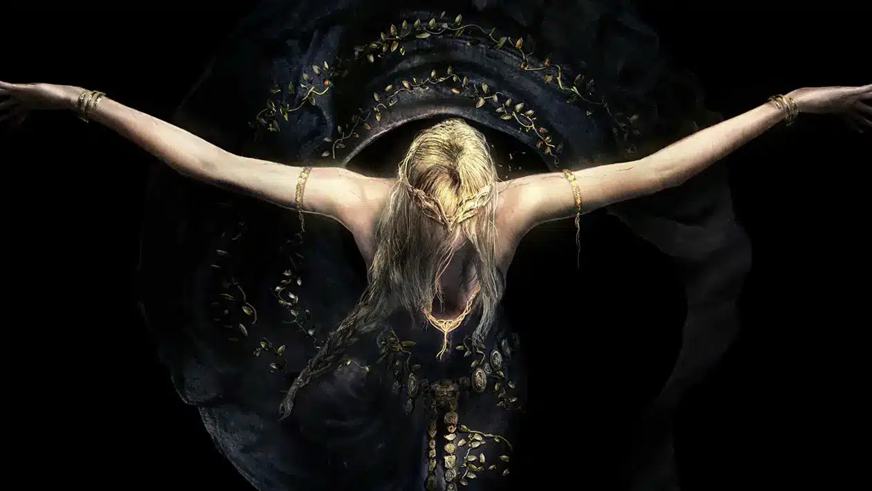 Queen Marika with arms outstretched, wearing gold bands and a crown, against a dark, ornate circular arch.