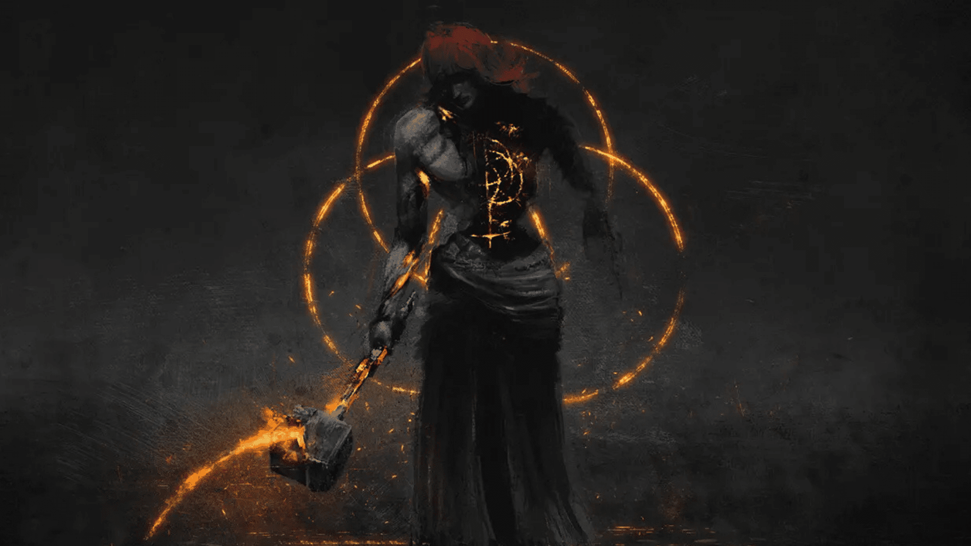 Radagon of the Golden Order standing in darkness with a glowing Elden Ring fractured inside his chest.
