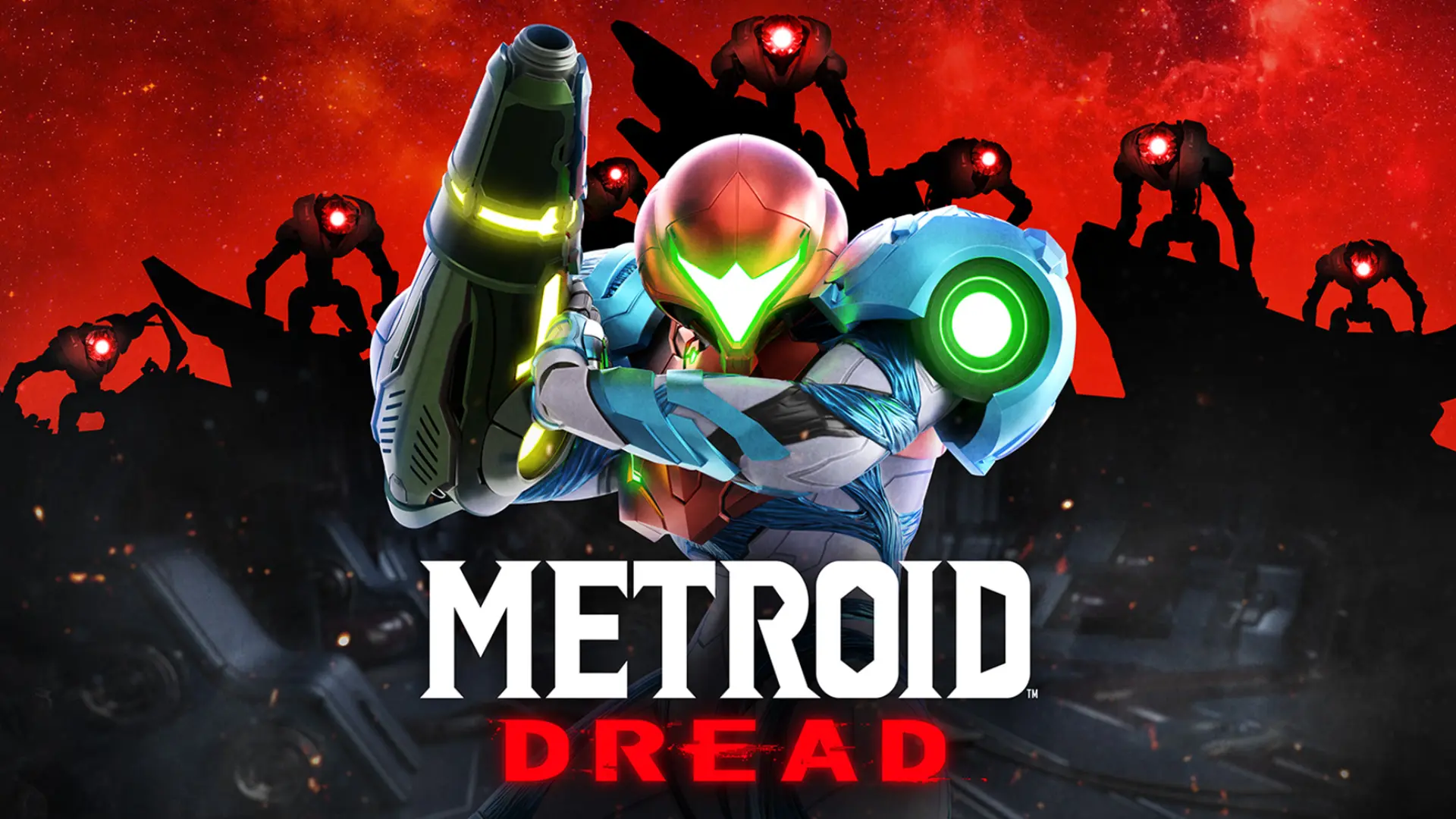 samus crouches in armor before shadowy enemies in the red and black metroid dread artwork scene