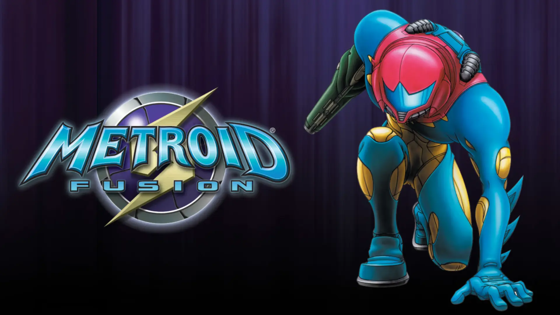 samus crouches in her blue fusion suit beside the metallic metroid fusion game logo artwork