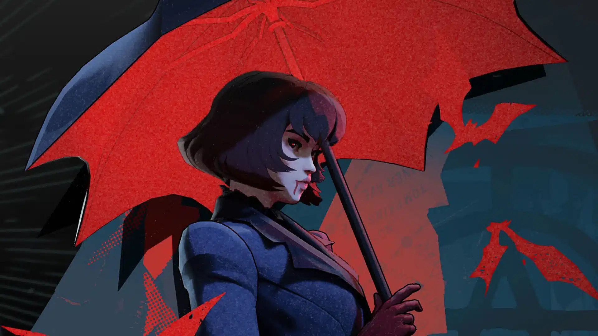 Dark-haired character holding a red umbrella against a stylized blue and red backdrop