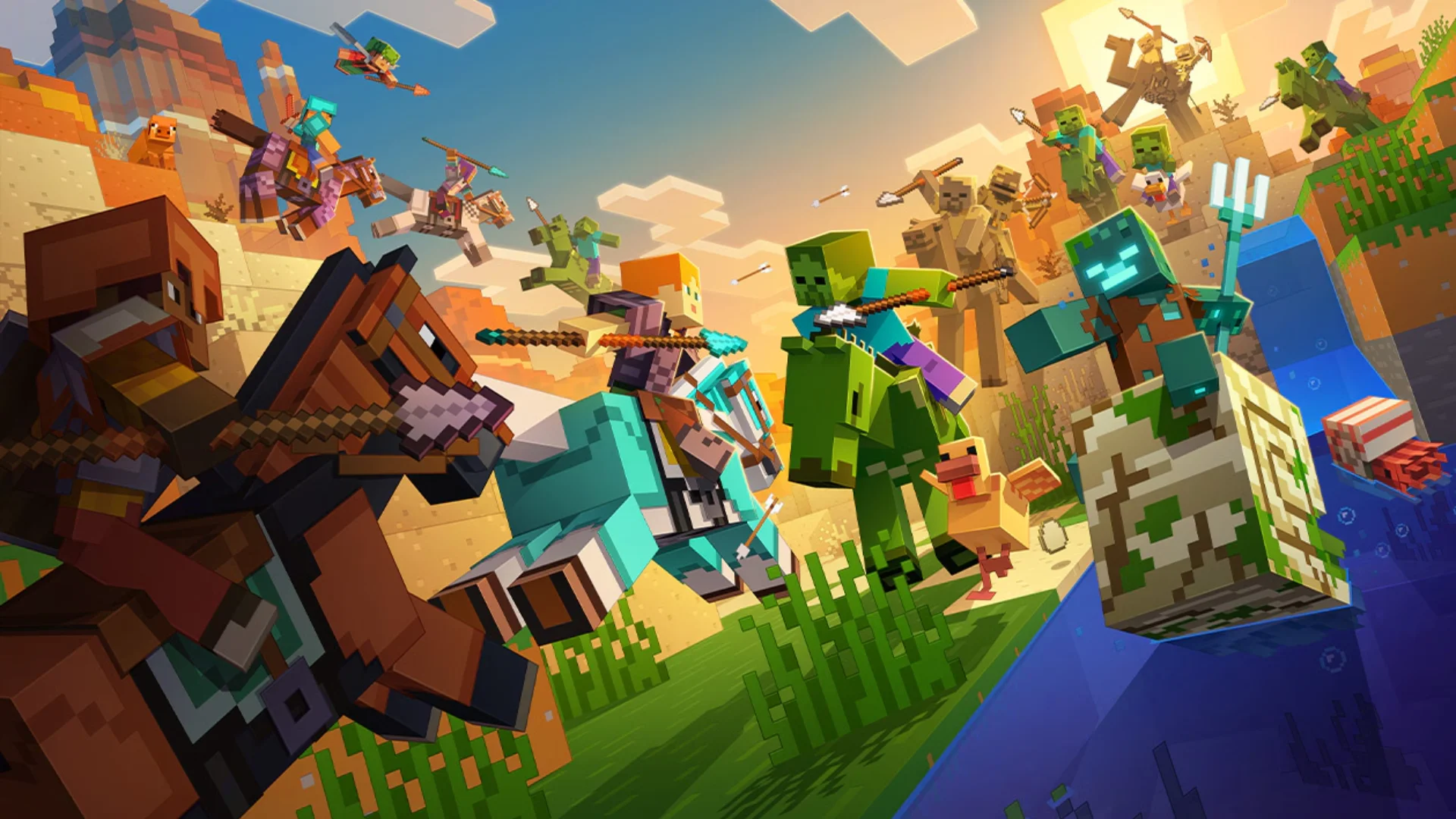 Minecraft characters battling zombies and skeletons across a colorful blocky landscape
