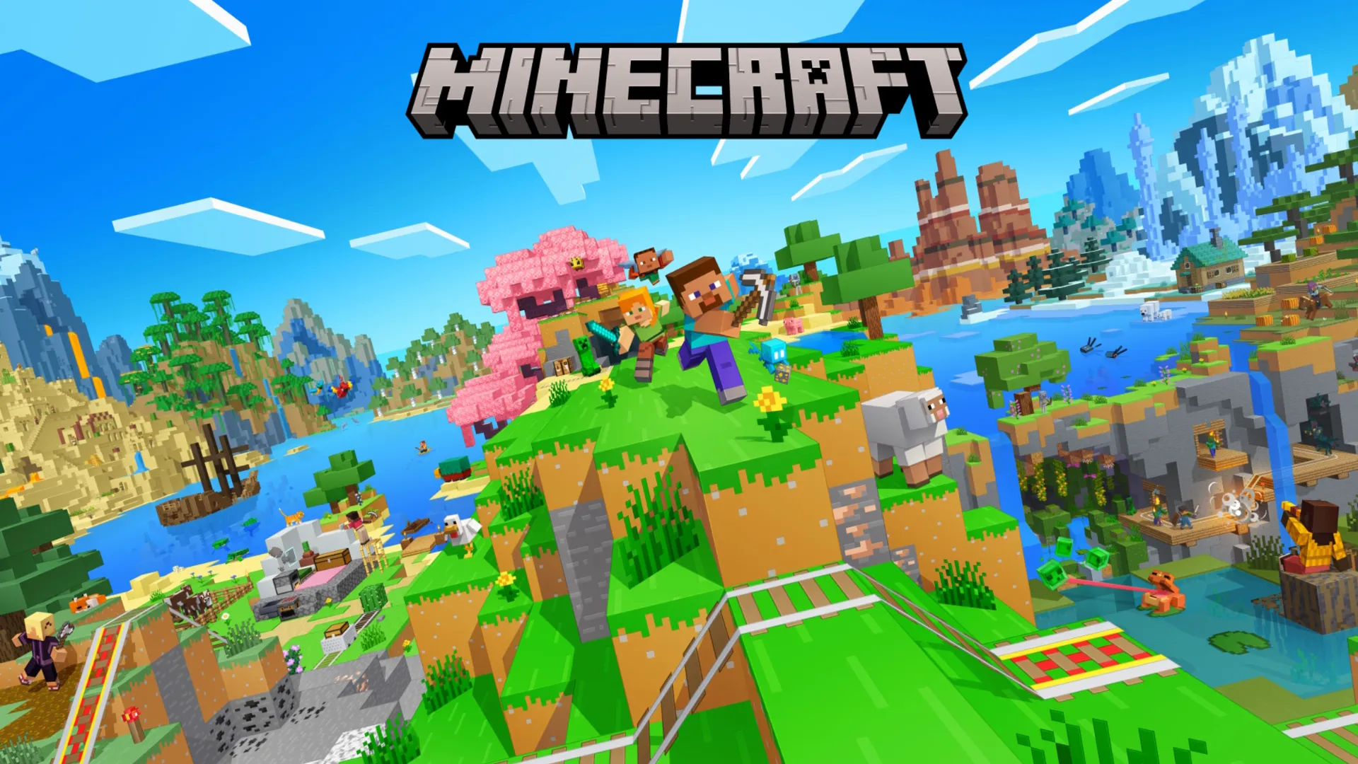 Minecraft game scene with Steve and Alex exploring colorful blocky biomes under blue sky