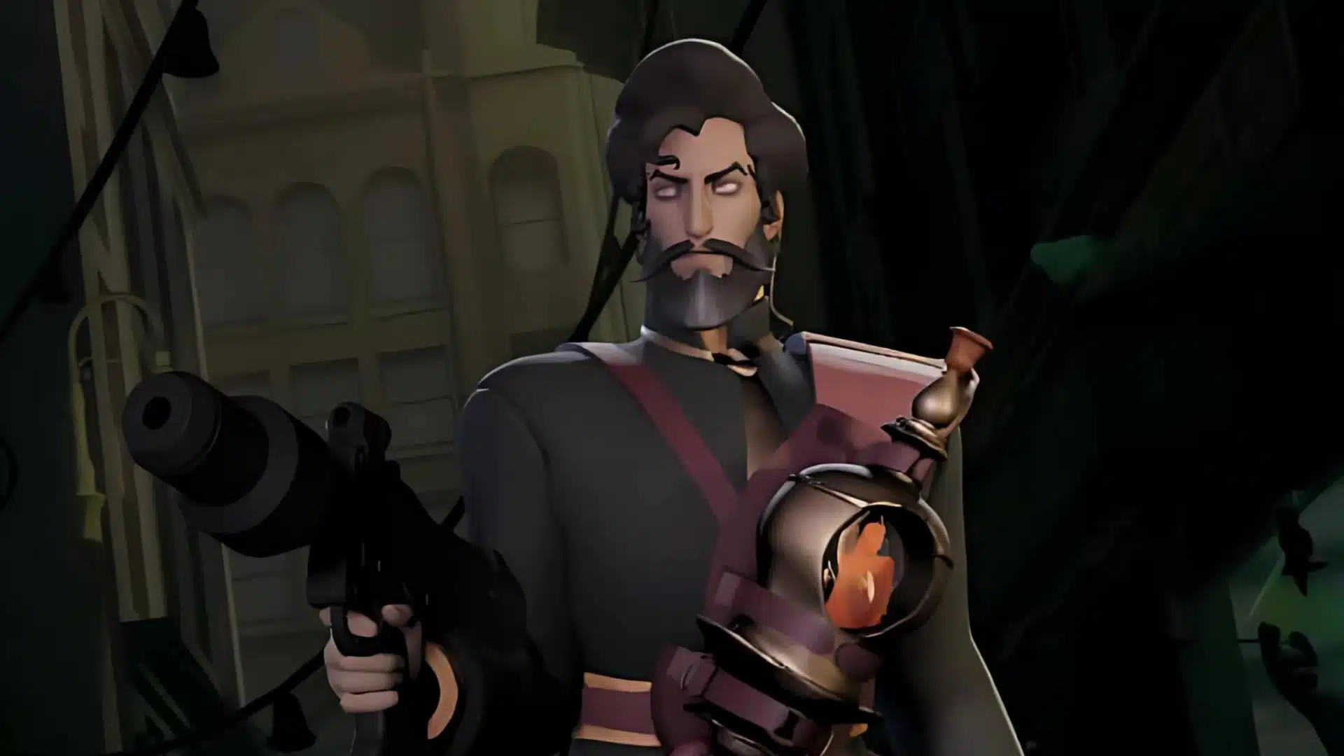 Bearded fighter holding a large firearm and a glowing flame device in a dark city scene