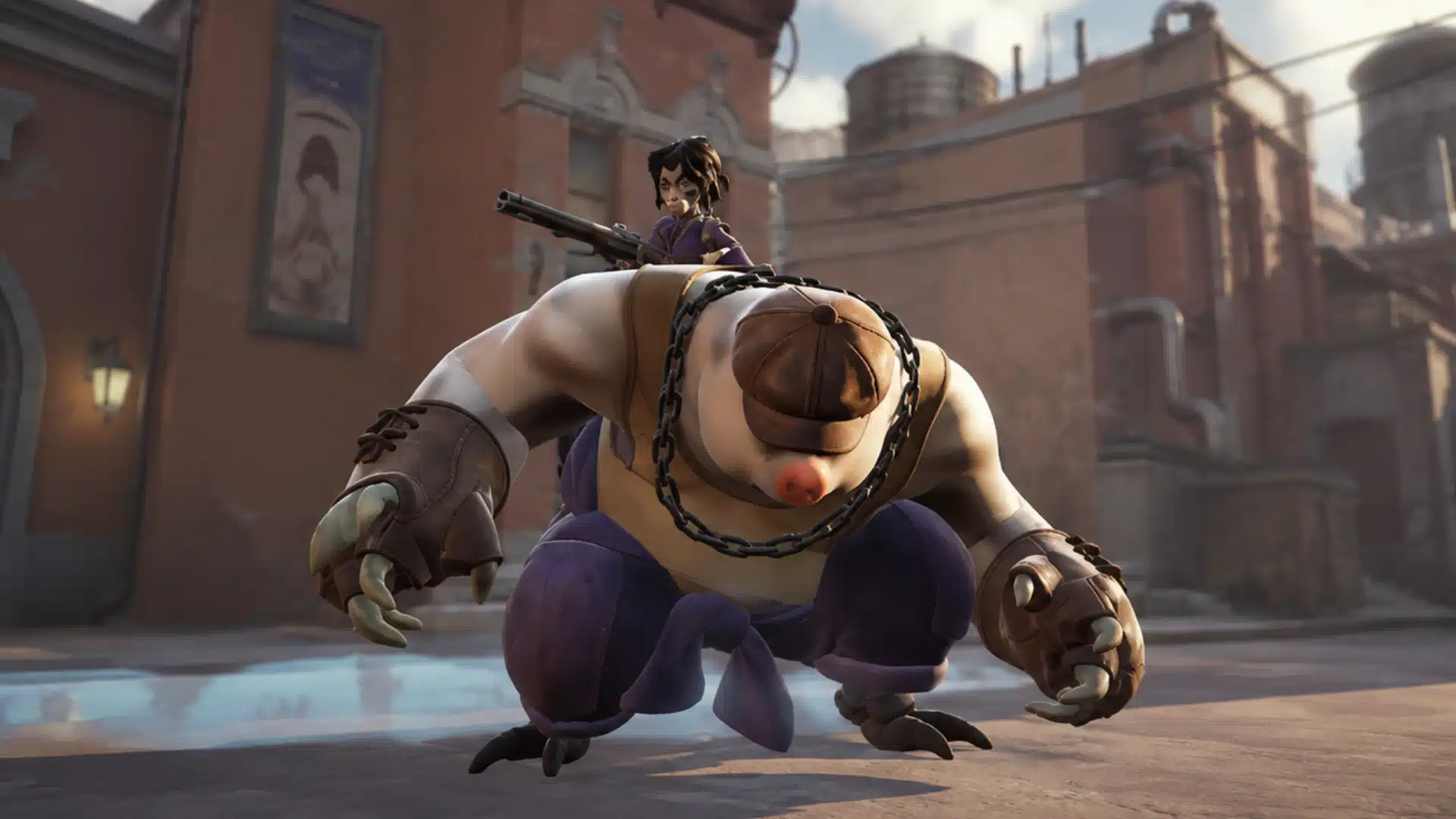 Large chained brute crouching in a city street with an armed rider seated on its back