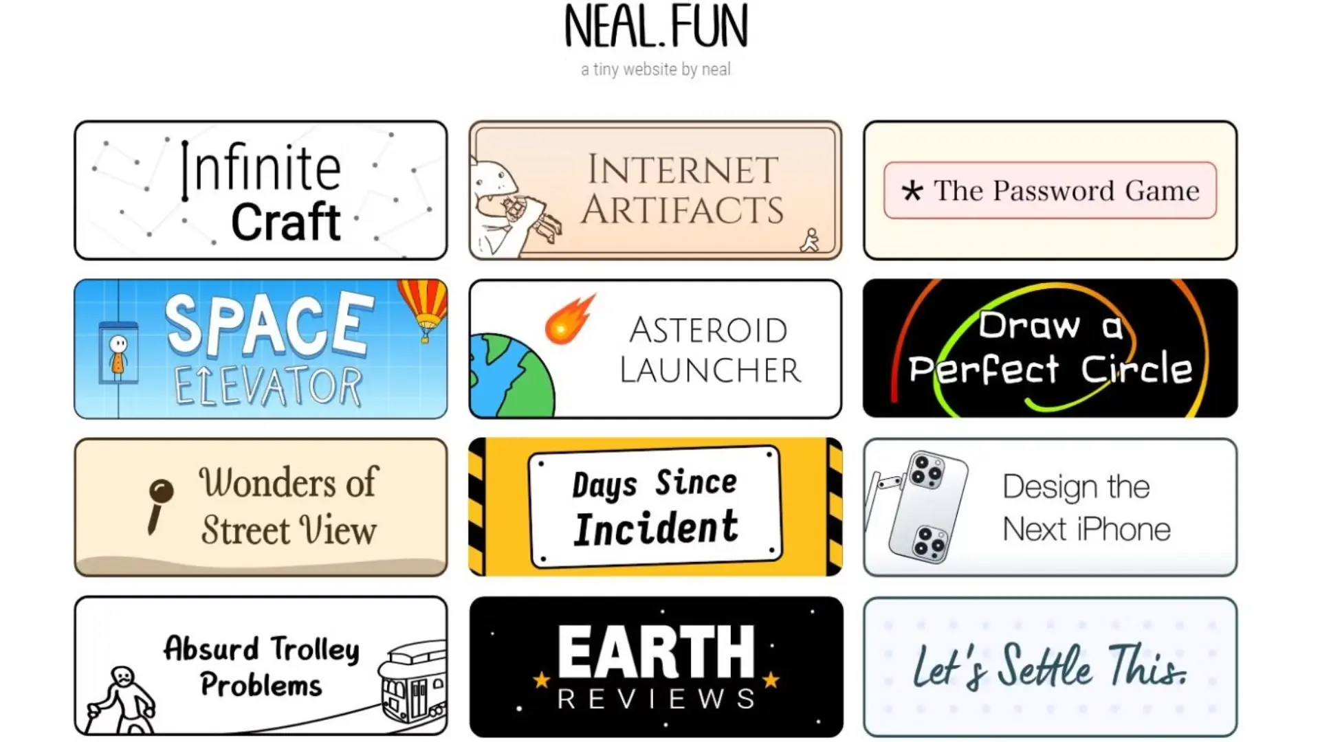 neal fun games showing collection of creative browser games with simple interactive designs and experiences