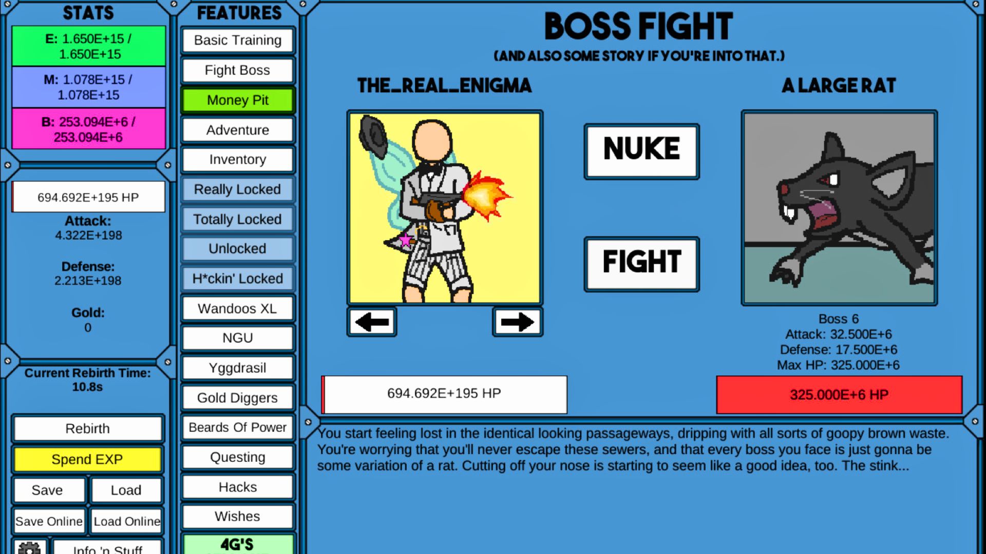 NGU Idle game interface showing stats, features, character battle, upgrades, and boss fight options.