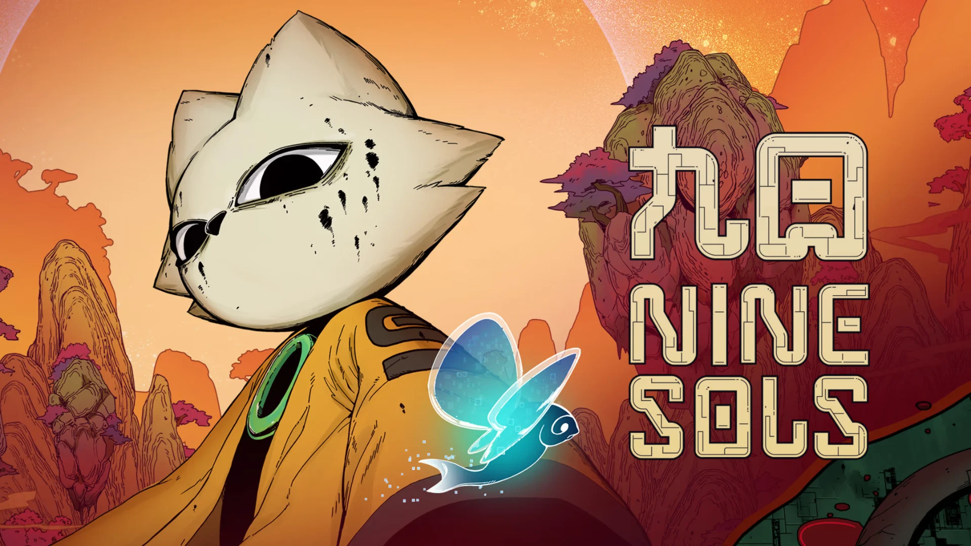 yi stands with a glowing blue companion beside the nine sols title in a painted desert world