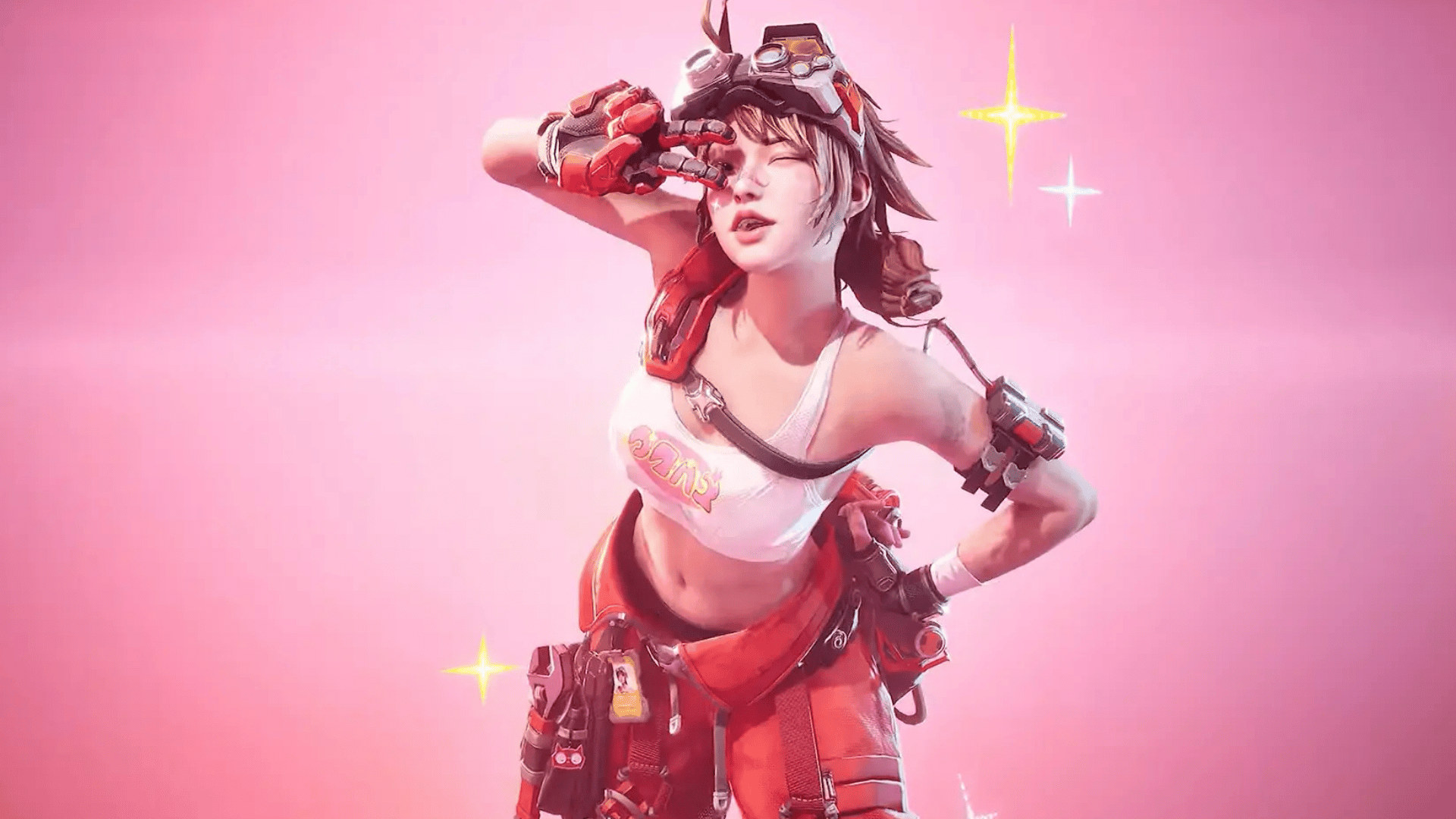 Nitro character from FragPunk posing in goggles, white crop top, and red utility gear against a pink background