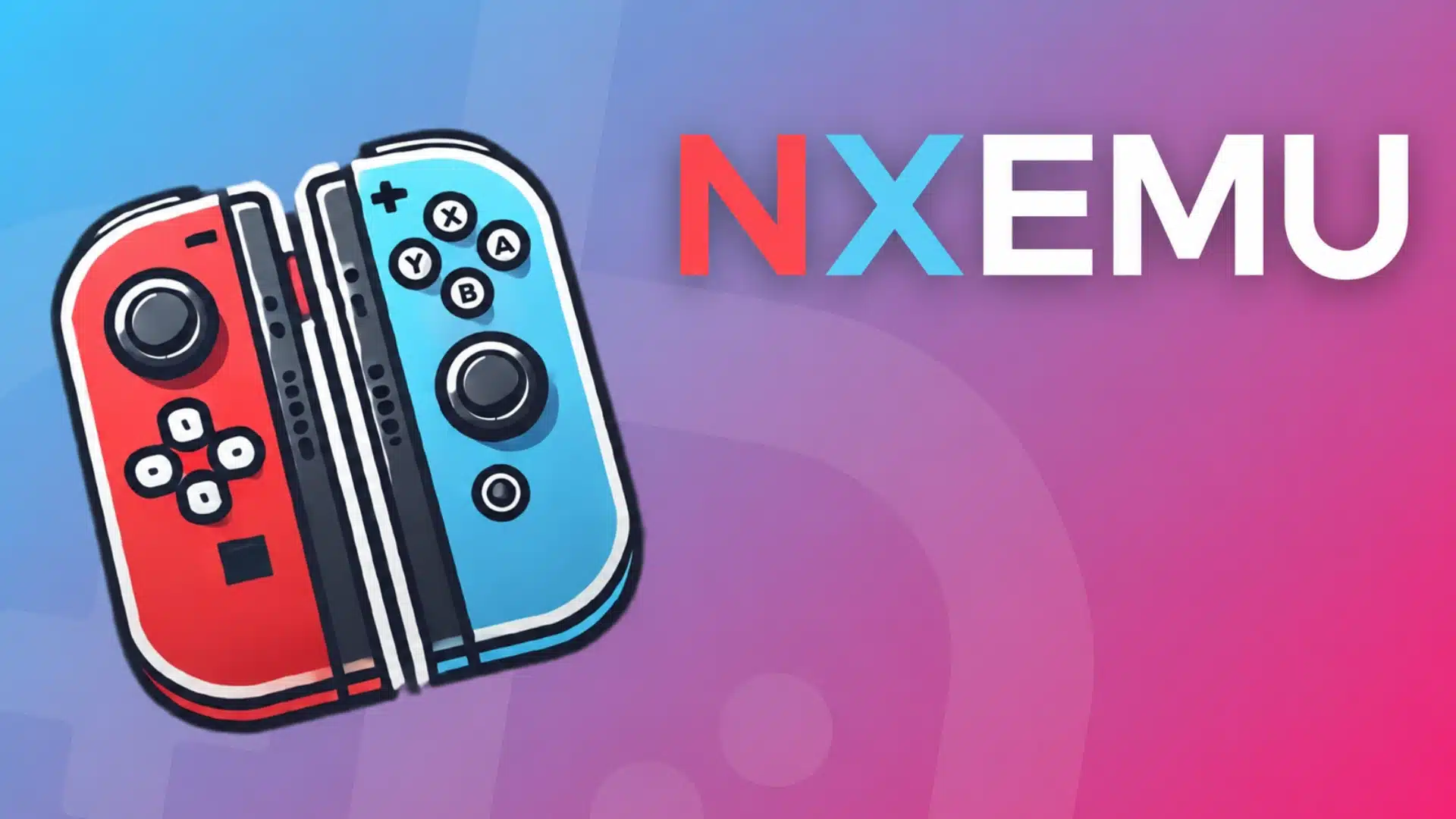 NXEmu emulator logo beside red and blue game controllers on a colorful gradient background