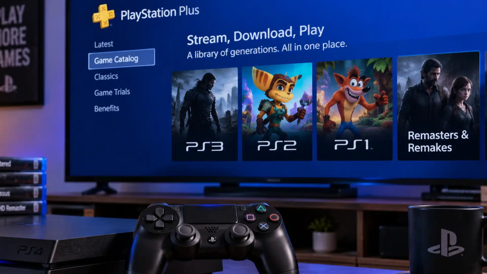 Ps4 console and controller beside screen showing older playstation games and classics