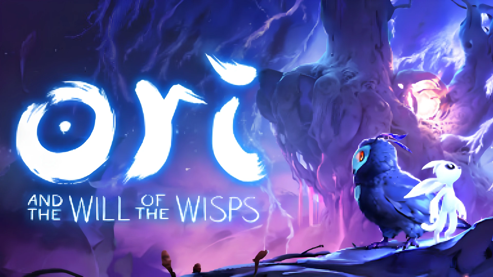 ori stands in a glowing purple forest beneath the ori and the will of the wisps game title