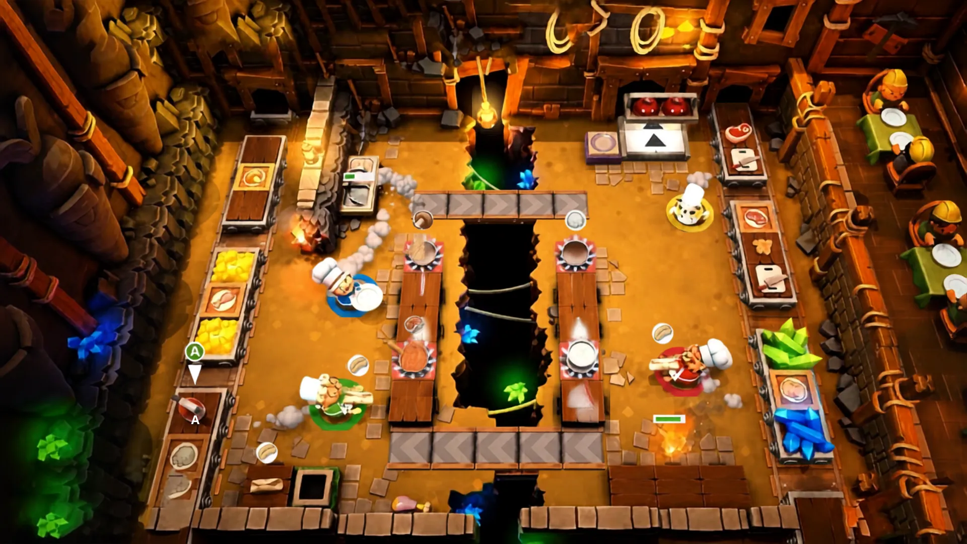 Overcooked gameplay scene showing chefs cooking in a busy kitchen with narrow paths
