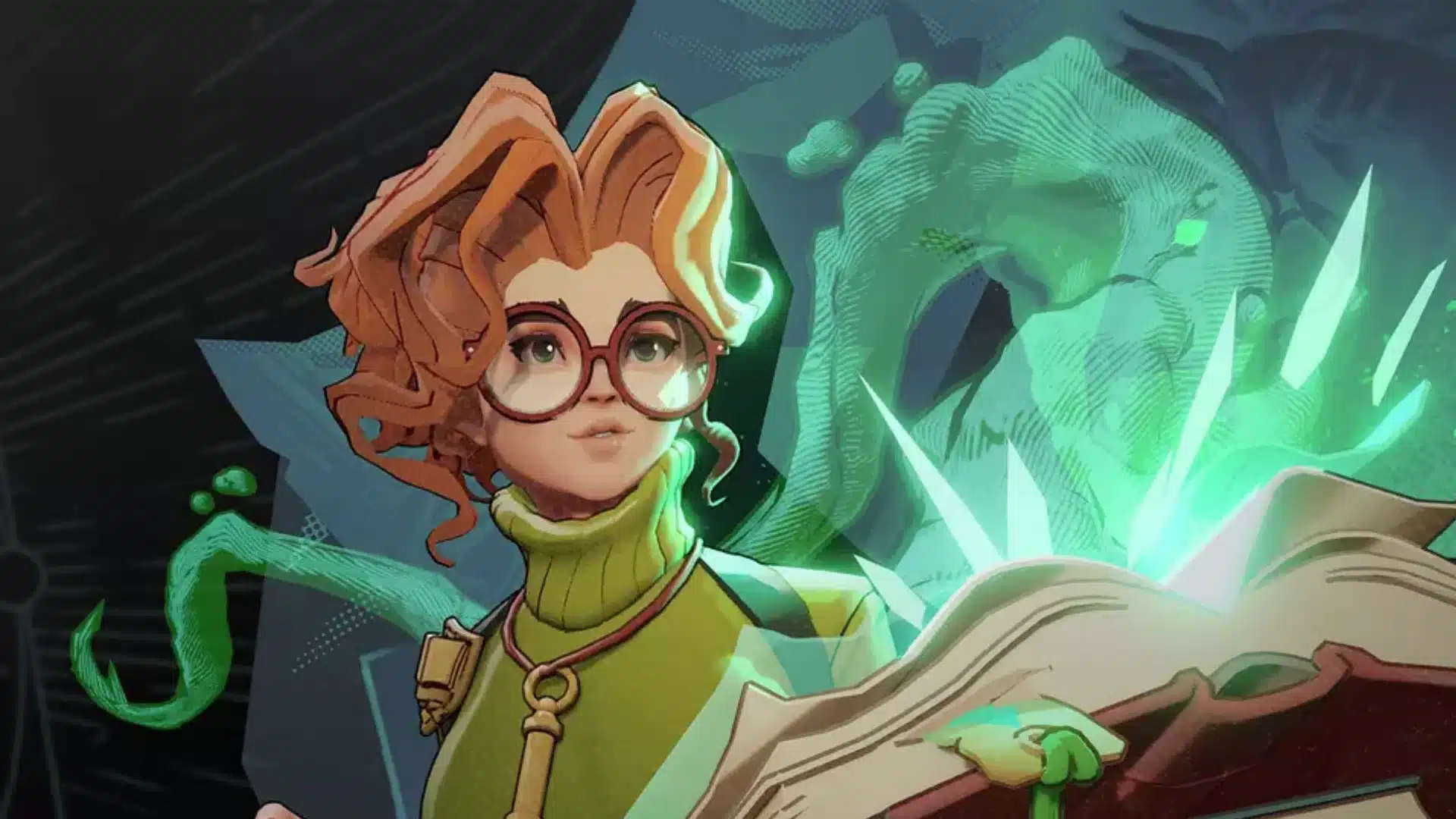 Red-haired scholar with glasses holding an open glowing book against a green backdrop