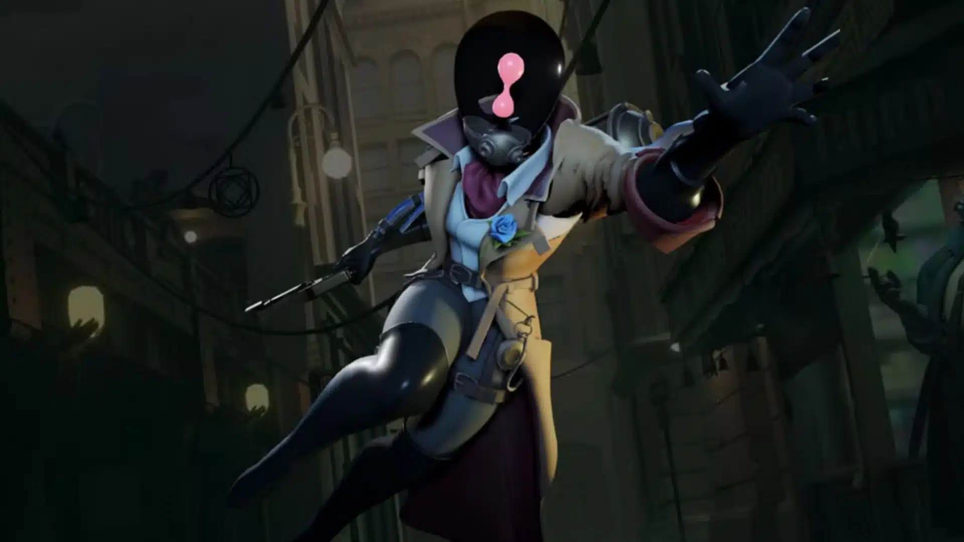 Masked fighter in a beige coat reaching forward while holding a blade in a dark city