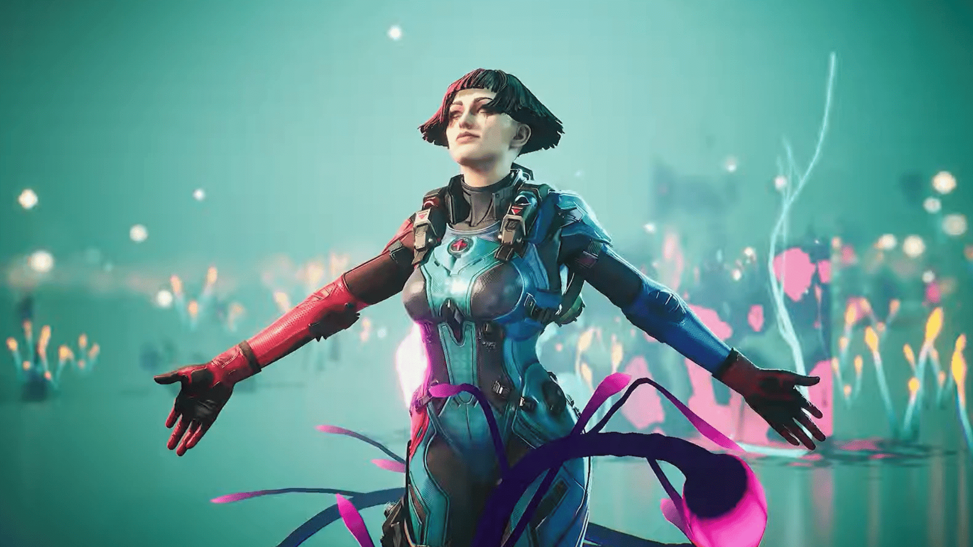 Pathojen character from FragPunk wearing teal and black armor with red gloves in a glowing alien environment