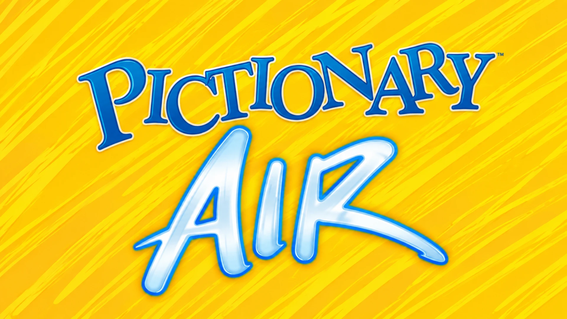 Pictionary Air logo on a yellow background with blue lettering and playful brush strokes