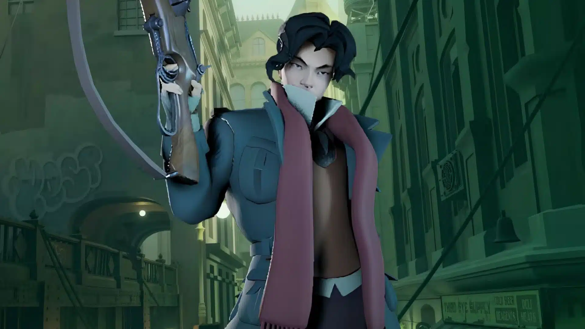 Dark-haired fighter in a long scarf holding a rifle in a dim urban street setting