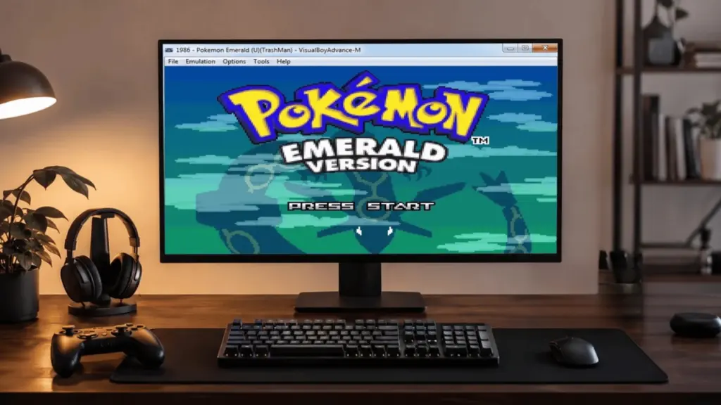 Desktop gaming setup with monitor showing Pokémon gameplay and accessories on a wooden desk