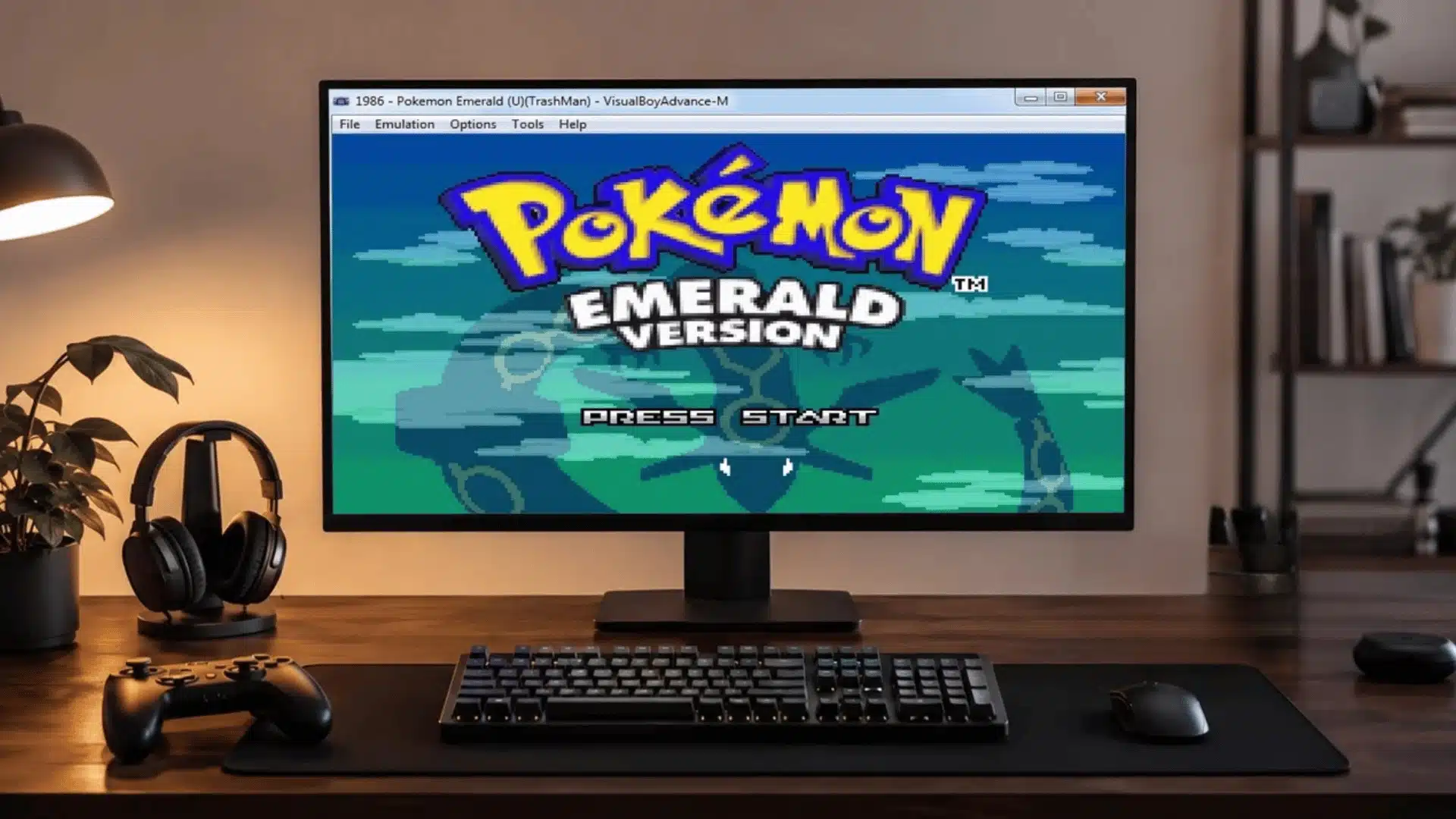 Desktop gaming setup with monitor showing Pokémon gameplay and accessories on a wooden desk