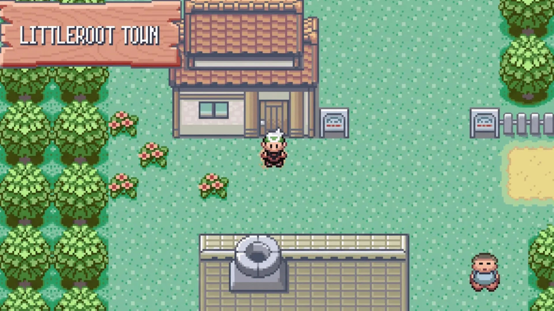 Pok&eacute;mon GBA game running in a town area with classic pixel graphics