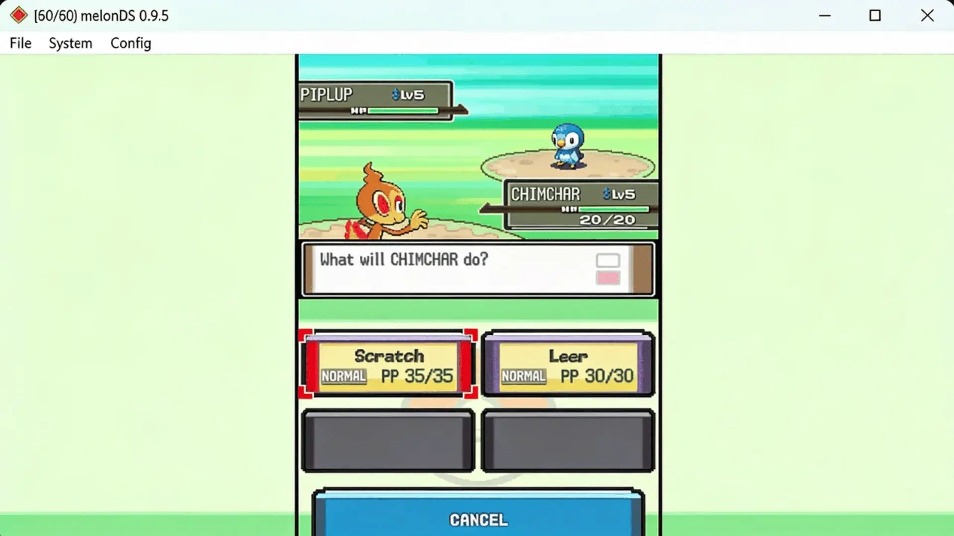 Pok&eacute;mon battle gameplay running in melonDS emulator with Chimchar and Piplup on screen