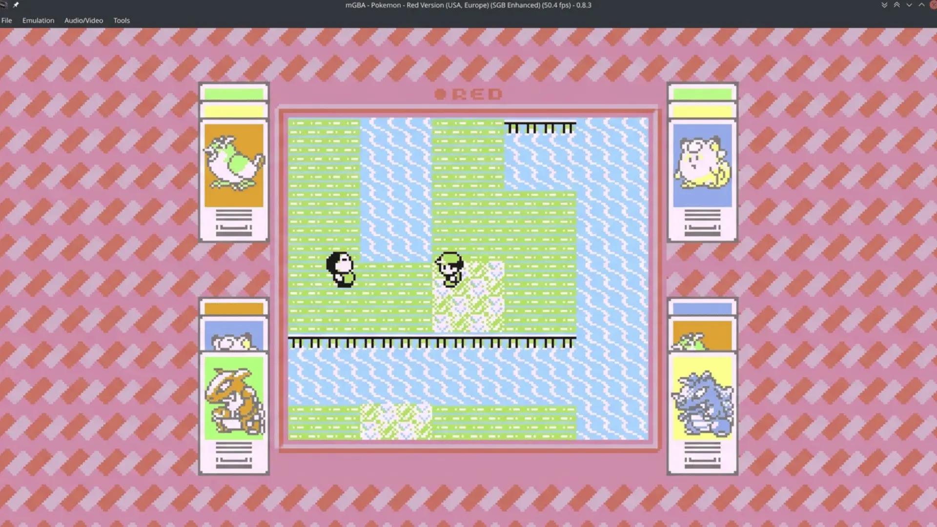 Pok&eacute;mon Red emulator gameplay showing a character walking through a grassy route