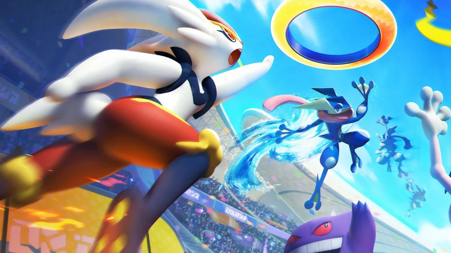 pokemon unite showing colorful pokemon battling in bright arena with energetic team based action gameplay