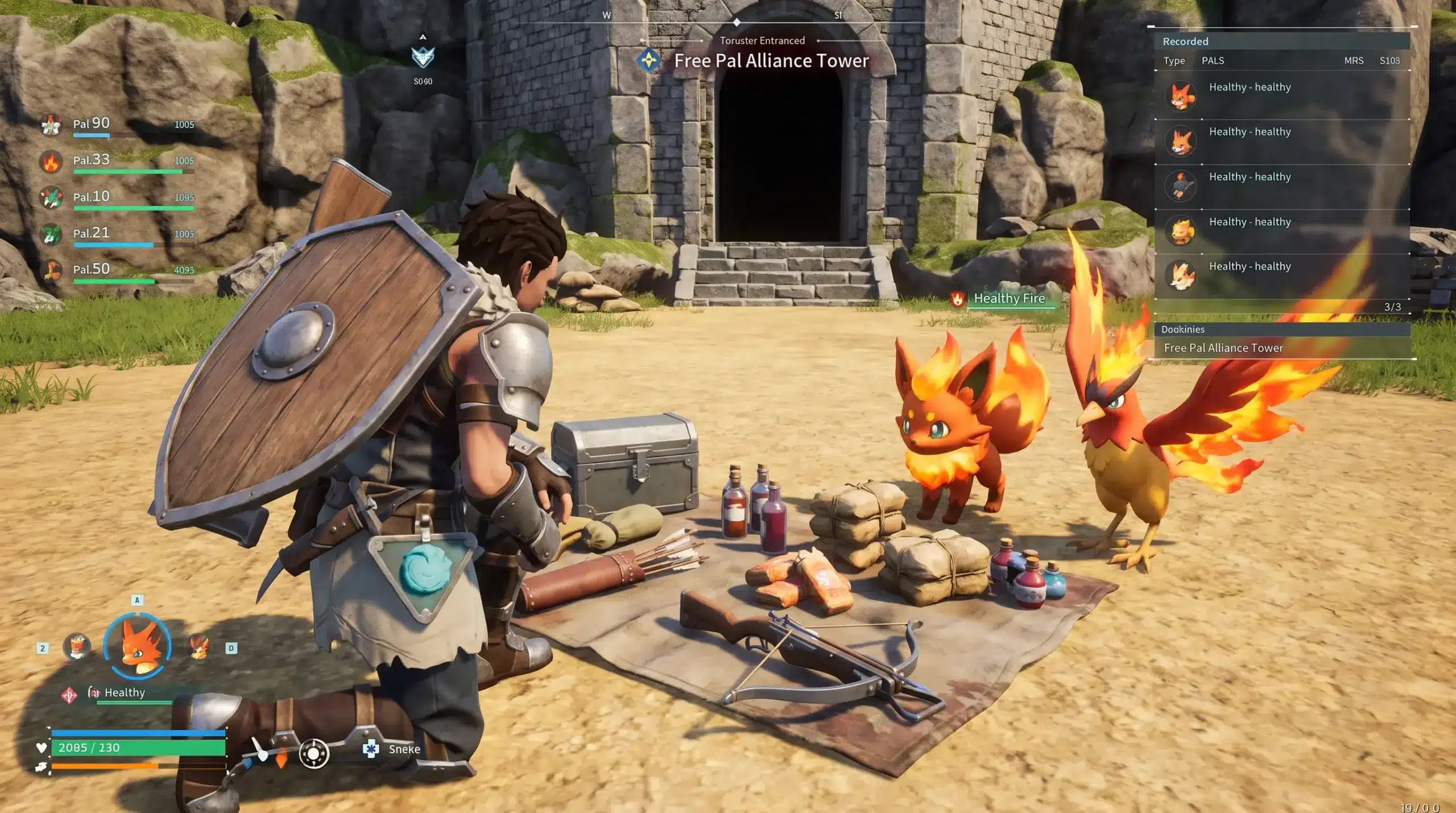 Player preparing Fire-type Pals, weapons, armor, ammunition, and food outside the tower entrance.