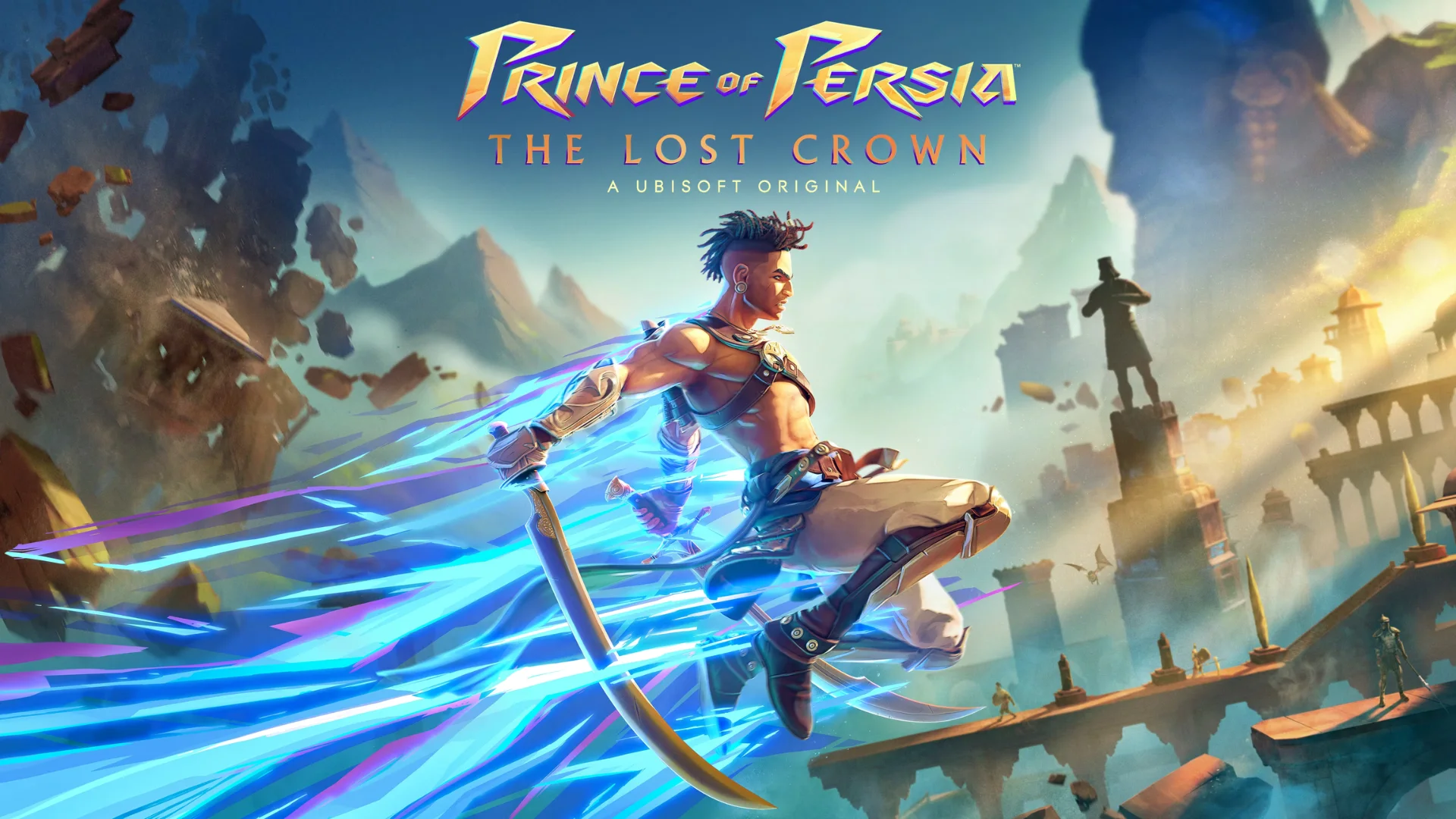 sargon stands ready beside the prince of persia the lost crown logo and ancient city ruins