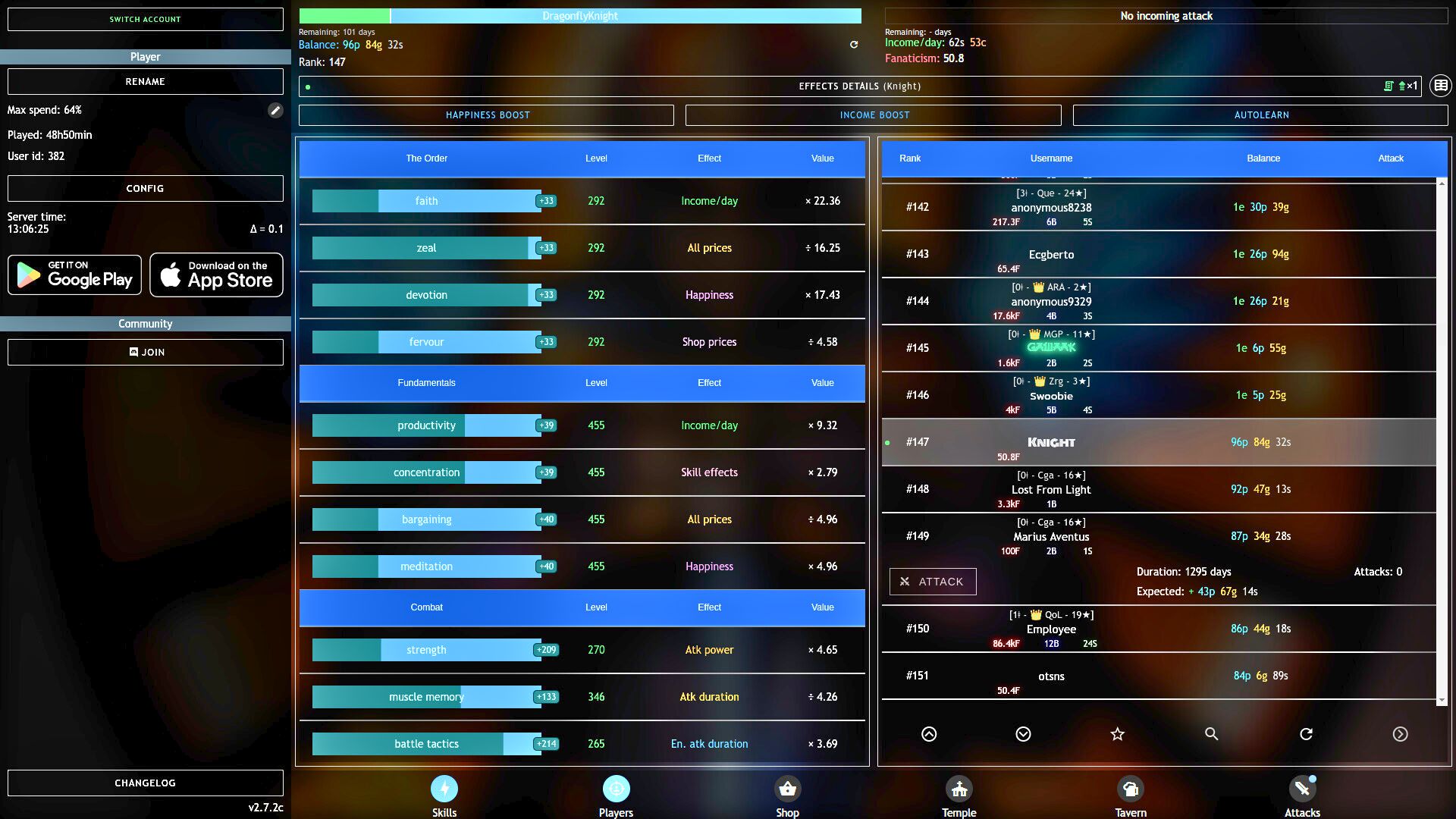Progress Knight gameplay screen showing character skills, rankings, and progression stats