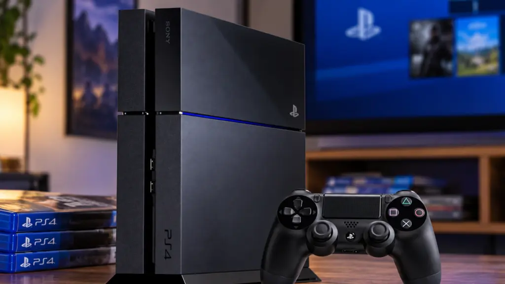 Black PS4 console and dualshock controller displayed in a warm home gaming setup