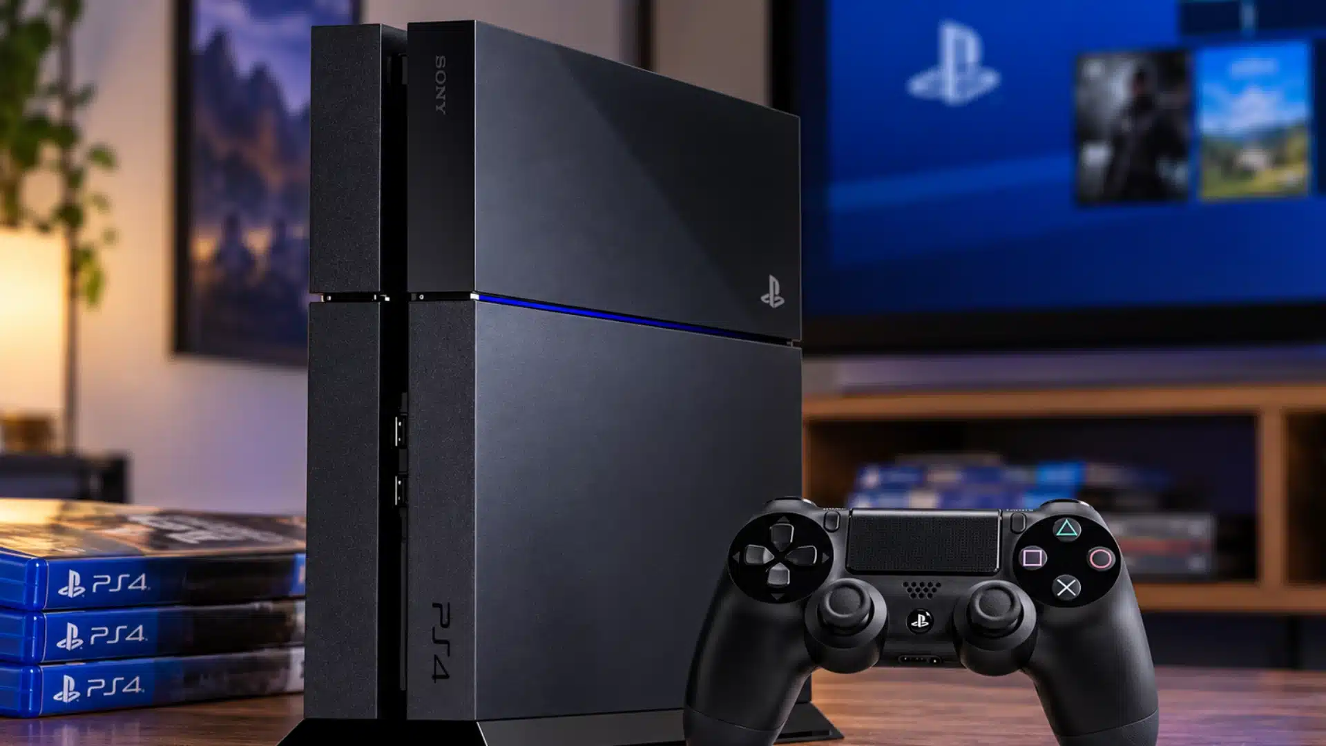 Black PS4 console and dualshock controller displayed in a warm home gaming setup