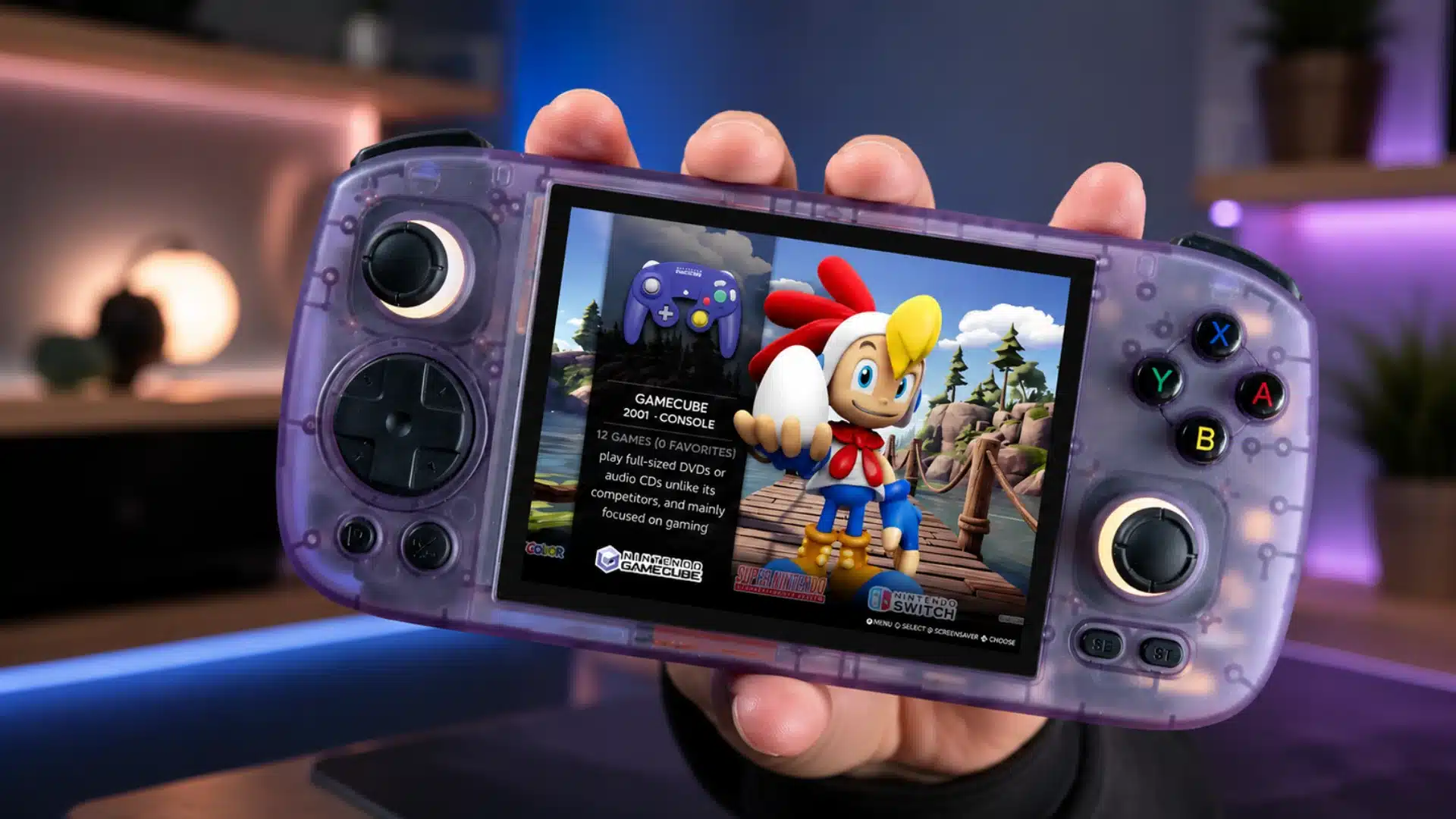 Translucent purple handheld console displayed in hand with colorful gaming screen